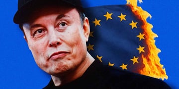 Elon Musk and burning European Union flag behind him