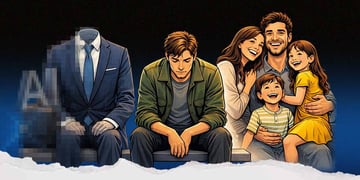 AI headless office worker in suit, lonely man, happy man with happy wife and kids