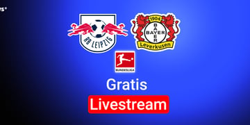 Leipzig vs. Leverkusen, Team Logos, Bundesliga Logo, blauer Hintergrund