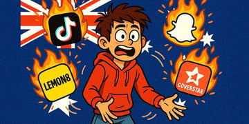 A cartoon teen juggling balls of fire, represented by Instagram and other social icons.
