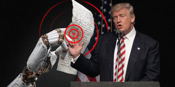 A robot hand holding a piece of paper and Donald Trump