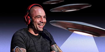 An artists impression of Joe Rogan doing a podcast with UFO's flying overhead.