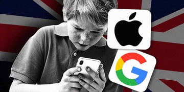 A boy using a smartphone, logos of Apple and Google