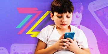 A child using a smartphone and Zigazoo logo behind them