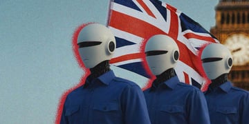 Robots marching in front of the UK flag, Big Ben