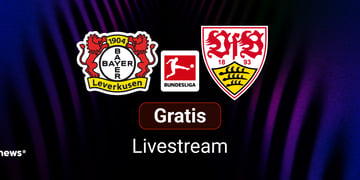 Bayer 04 Leverkusen vs. VfB Stuttgart, Team Logos, blauer Hintergrund