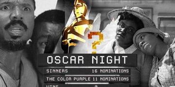 A split-screen and scoreboard of Sinners and The Color Purple in relation to Oscar nominations.