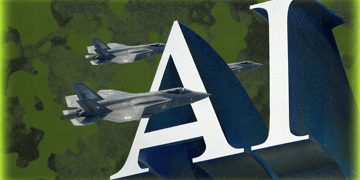 F-35 jets in flight over green camo background, big white AI letters in the foreground 