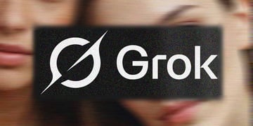Grok logo and two female faces behind it