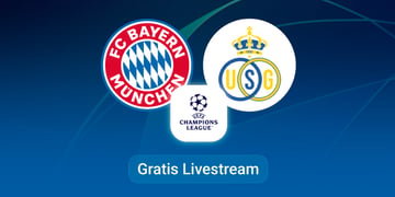 bayern vs union saint gilloise, team logos, blue background