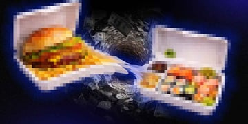 A pixelated burger and sushi takeout next to swirling US dollars.