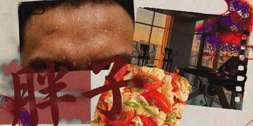 A four-way screen of a sweaty forehead, a treadmill, egg and tomatoes and some Chinese characters.