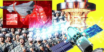 The Chinese military surrounded by a colourful swirl of quantum tech, troops and weapons.