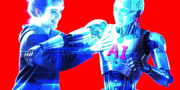college student grabbing to a robot