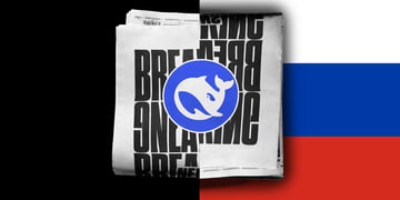 DeepSeek logo, a newspaper and a pattern of Russian flag