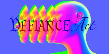 A figure with multiple faces and words Defiance Act