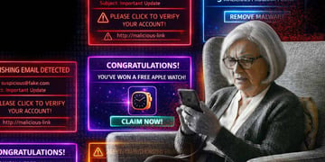 Elderly person sitting in a chair, receiving scam alerts via smartphone