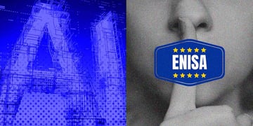 Letters AI, Enisa logo, and woman holding her finger on her lips