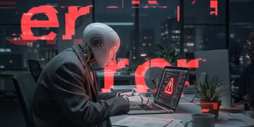 A robot in suit working in the office, the laptop screen displaying error symbol