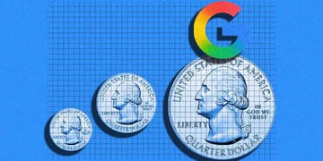 Google logo and quarter coins on a blue background