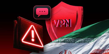The Iranian flag next to a VPN sign and exclamation mark.