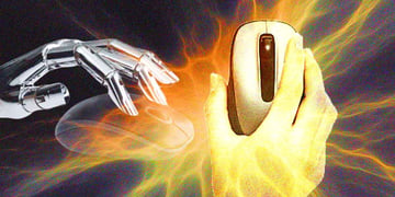 A robot's and a human's hands moving computer mouse