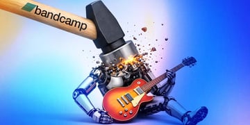 robot with a guitar being smashed with a hammer