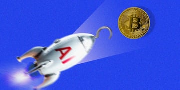 rocket with the  text ai and visual hook on it flying towards bitcoin