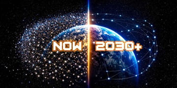 Earth and satellites now (clustered) and in 2030 (more space).