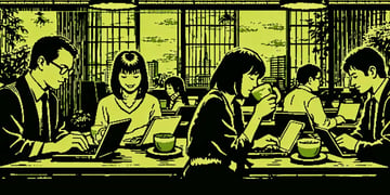 People sitting in a cafe, enjoying drinks; Tokyo cofee shop; digital nomads; tech workers