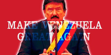 Donald Trump with dark hair and moustache wearing Venezuelan flag