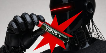 A robot holding a test tube which says "virus"