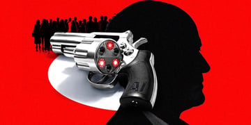 Dark profiles of multiple people and a loaded gun, the concept of "Russian roulette"