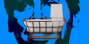 A baby's cradle and OpenAI CEO Sam Altman face on the background