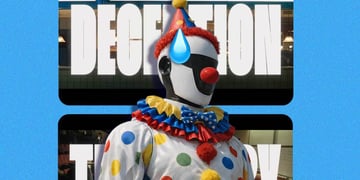 A robot dressed as clown and the word "Deception" on the screen behind it