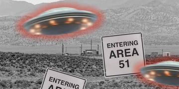 A UFO spinning through a black and white background of Area 51.
