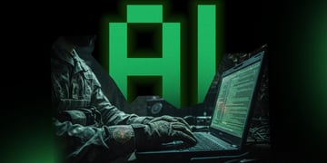 A military officer working on a laptop, letters AI on the background