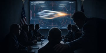Silhouetted politicians around a table watching a blurred UFO.