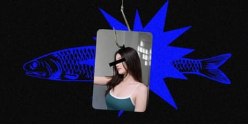 A filipina influencer with eyes blacked out superimposed on a blue phish.