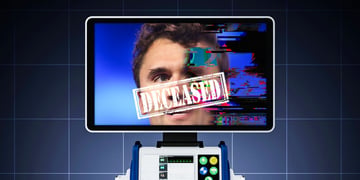 A glitched Charlie Kirk photo on medical screen with a deceased label on the front, in a hospital.
