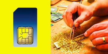 A split screen of a SIM card and a man extracting gold from it.