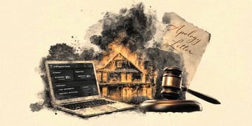 A smoky visual of a house burning down, along with a judges gavel and an AI writing detector.