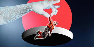 A robot's hand holding a person dressed as a worker who is about to fall