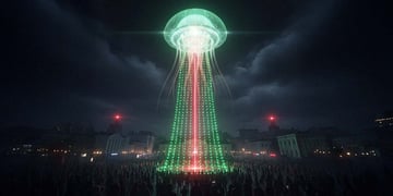 A jellyfish UFO beaming down red and green lights on a silhouetted crowd at night.