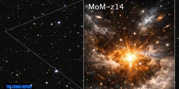 A big golden bang seen from afar in the cosmos, captured by the James Webb telescope.