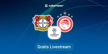 Leverkusen vs. Olympiakos, Team Logos, blue Background