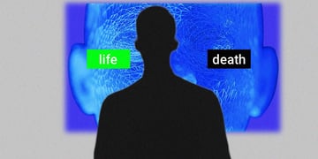 A human silhouette placed over an AI brain asking an ethical question of "life or death."