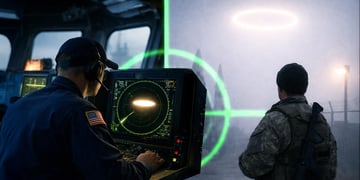 Sailor on Navy bridge sees glowing disc on radar; guard at foggy missile base sees circular light.