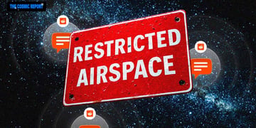 Restricted airspace sign with Reddit chat bubbles floating in the cosmos.
