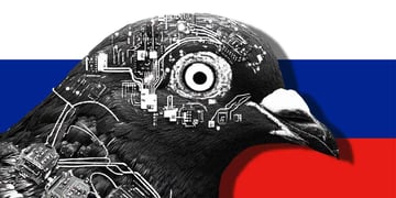 A robot pigeon and Russian flag on the background